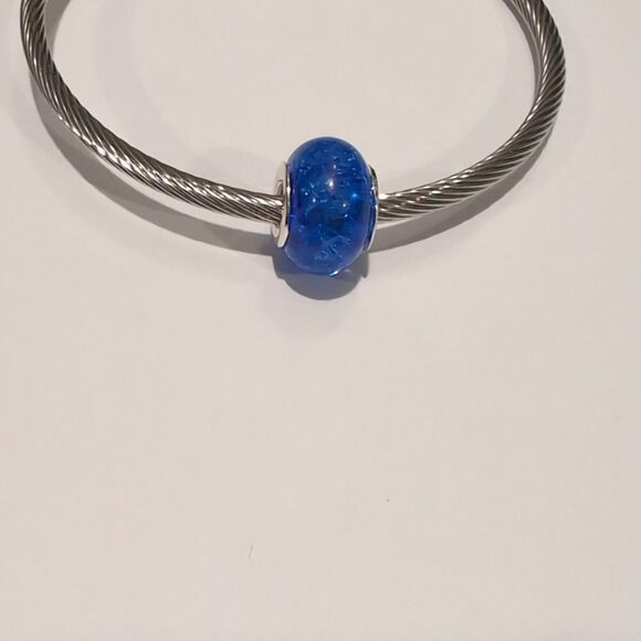 Silver Blue "Crushed Glass" Charm for Pandora Style‎ Bracelet - Picture 1 of 4